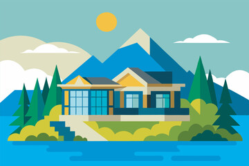 A serene illustration of a modern house on a lake island. Lush greenery, mountains, and sky in the background. Tranquil yellow and gray color scheme.