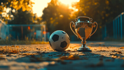 A soccer ball and a trophy resting on a path during golden hour in a park