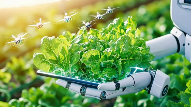 Robotic hand holding tablet with fresh green lettuce and drones in a futuristic farm