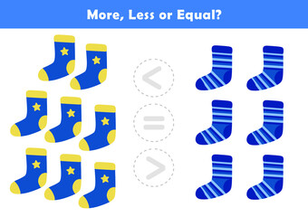 Comparison Worksheet with Cute Socks Illustration for Kids. Counting Games for Preschoolers. More or Less Worksheet for Kindergarten.