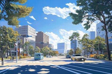 Obraz premium An anime cinematic scene filled with adventure, blending urban and suburban landscapes with elements of fantasy architecture, creating an exciting and visually captivating world