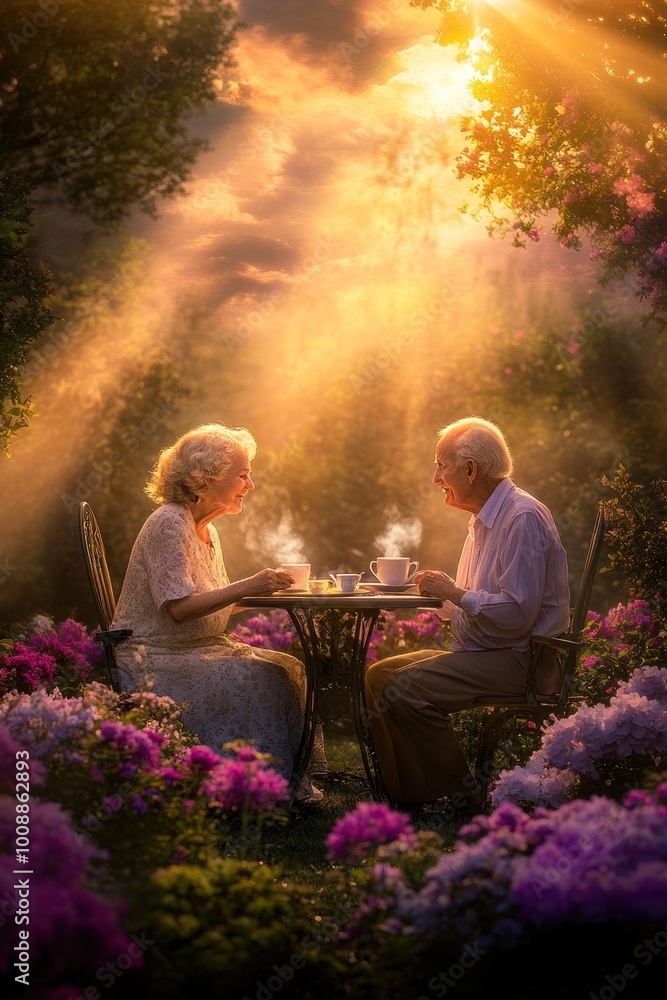 Wall mural An elderly couple enjoys tea in a flower-filled garden, illuminated by soft sunlight.