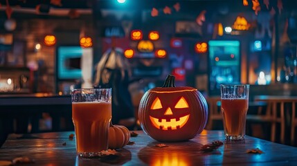 A lively Halloween-themed trivia night at a local pub, with teams competing in fun costumes.