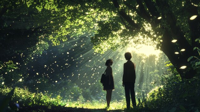 An anime cinematic scene filled with adventure, blending urban and suburban landscapes with elements of fantasy architecture, creating an exciting and visually captivating world