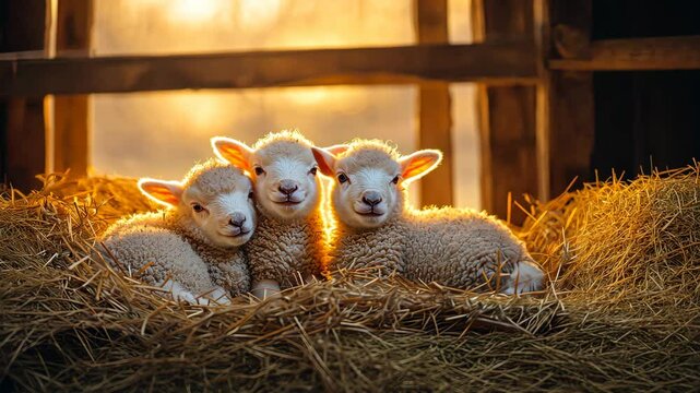Lambs relaxing together in a barn during the golden hour