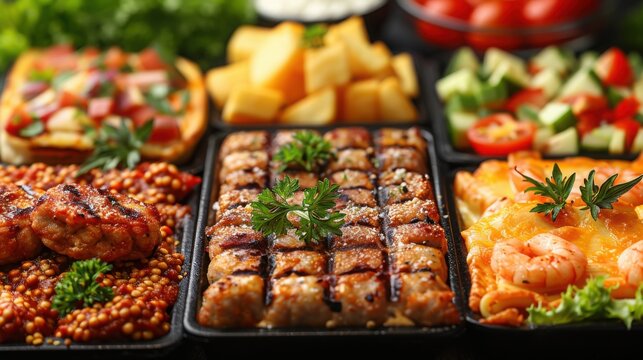 A tempting array of grilled and roasted dishes with vegetables, featuring vibrant and delicious food options presented in black serving trays.


