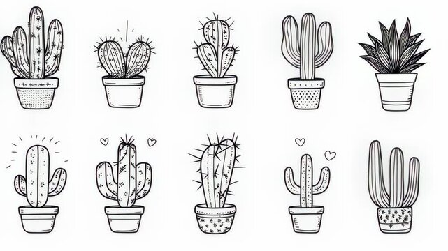 A collection of ten hand-drawn cacti and succulents in pots, perfect for adding a touch of desert charm to any design