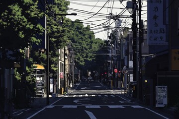 Fototapeta premium An anime cinematic scene filled with adventure, blending urban and suburban landscapes with elements of fantasy architecture, creating an exciting and visually captivating world