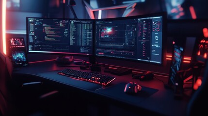 Futuristic Dual-Monitor Gaming Setup with Glowing Peripherals