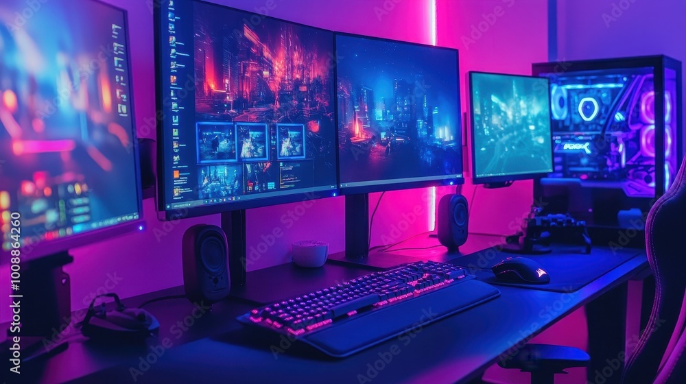 Poster vibrant and immersive gaming setup with multiple monitors and colorful lighting