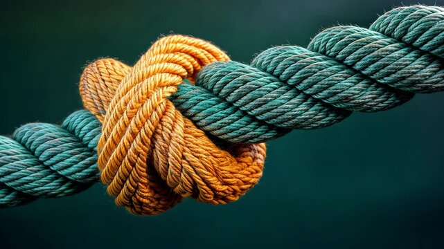 Tying a knot with yellow rope around a thicker blue rope