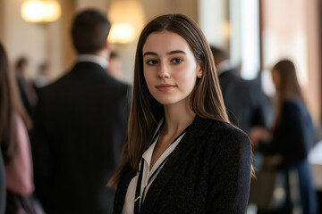 European woman working as a public relations officer at an event, Elegant clothes, Event, Hostess