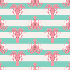 Octopus seamless pattern flat vector. Cute cartoon style sea and ocean creature, animal. Symmetrical square composition, for print design, wallpaper, wrapping paper or web.