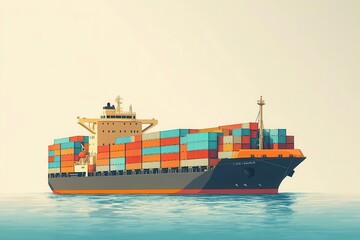 A colorful cargo ship sailing on calm waters, transporting containers and goods across the ocean with a serene backdrop.