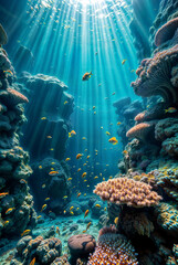Tropical sea underwater fish on coral reef.