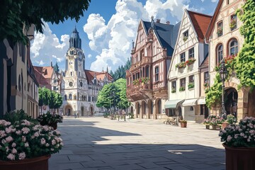 Obraz premium An anime cinematic scene filled with adventure, blending urban and suburban landscapes with elements of fantasy architecture, creating an exciting and visually captivating world