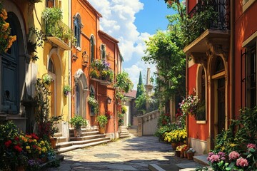 Obraz premium An anime cinematic scene filled with adventure, blending urban and suburban landscapes with elements of fantasy architecture, creating an exciting and visually captivating world