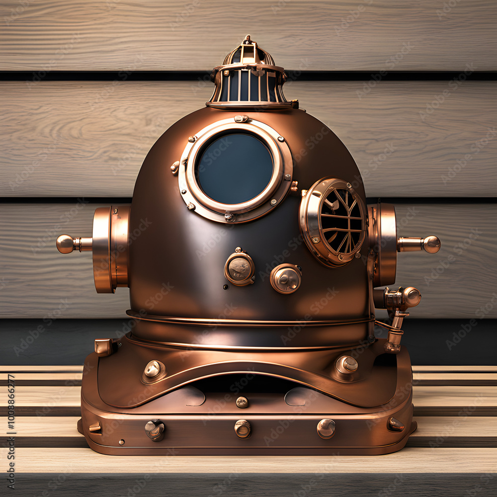 Wall mural a vintage copper diving helmet, polished to a soft gleam, resting on a weathered wooden crate. the h