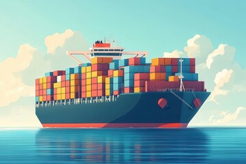 Obraz premium A colorful cargo ship sailing on calm waters, showcasing vibrant shipping containers against a clear sky.