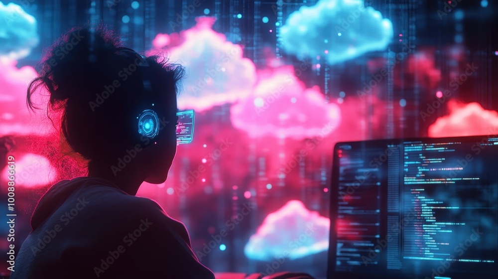 Poster futuristic programmer in neon dreamscape