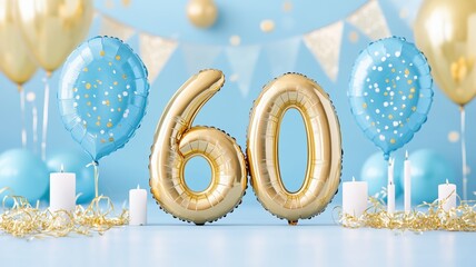 60th Birthday Celebration:  A festive scene of celebration with gold foil balloons spelling out "60" surrounded by blue and gold balloons, confetti, and candles on a blue background.