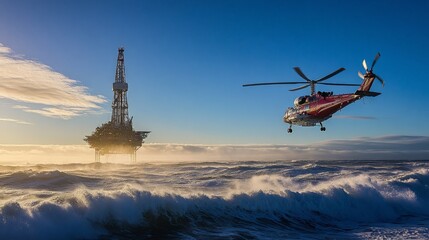 Fototapeta premium Helicopter landing on an offshore oil rig, dynamic waves below, and a clear blue sky stretching into the distance