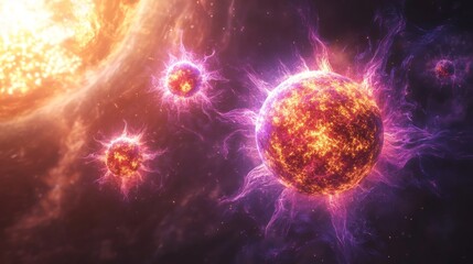 Obraz premium A fiery cosmic scene with three glowing, pulsating stars and a large sun in the background, with vibrant purple and orange energy swirling around them.