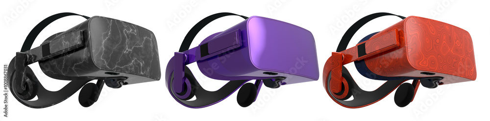 Poster virtual reality glasses and headset isolated on white background with clipping path. 3d render of de