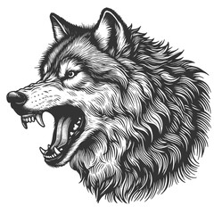Fototapeta premium fierce howling wolf growling with bared teeth. Tattoo design. Strength and wild nature sketch engraving generative ai vector illustration. Scratch board imitation. Black and white image.