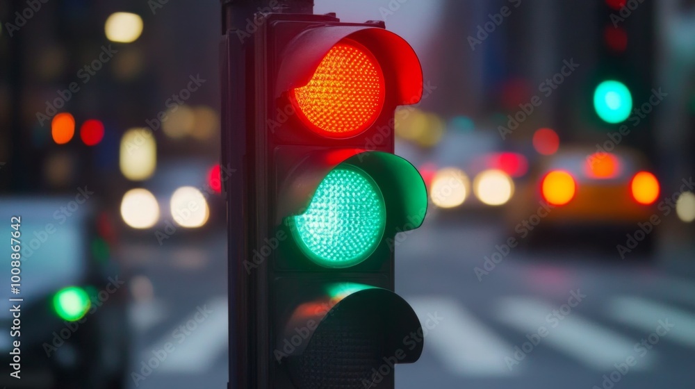 Poster traffic signal with red and green lights in city setting