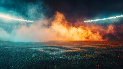 Fototapeta premium Spectacular light and smoke effects illuminate a stadium setting during an evening event