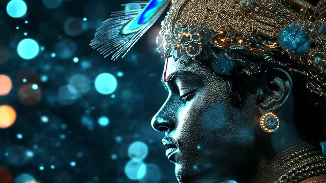 Krishna's figure glowing against a dark sky, with the subtle outline of a peacock feather faintly visible in the background