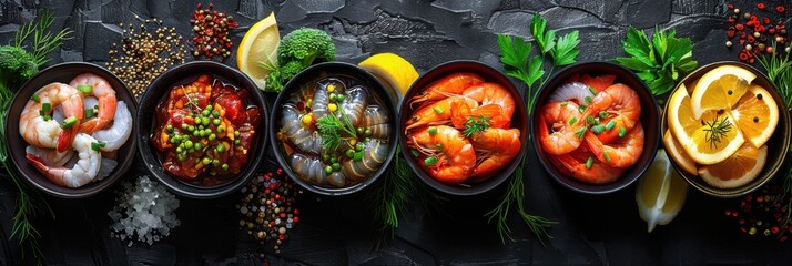 Fototapeta premium A vibrant selection of gourmet shrimp dishes, presented in black bowls with fresh herbs and citrus garnishes, showcasing a luxurious and flavorful seafood spread.