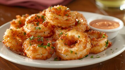 Close-Up of Appetizing Fried Calamari Rings Garnished with Herbs and Served with Dipping Sauce.