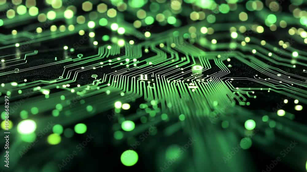 Poster a close-up view of a circuit board with glowing green lights, highlighting the intricate pathways th
