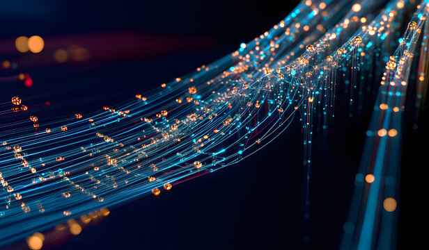Business and digital technologies. Data flow in a secure system. Analytics and strategy of innovative development. 3D illustration of network structures, guides and nodes of information accumulation