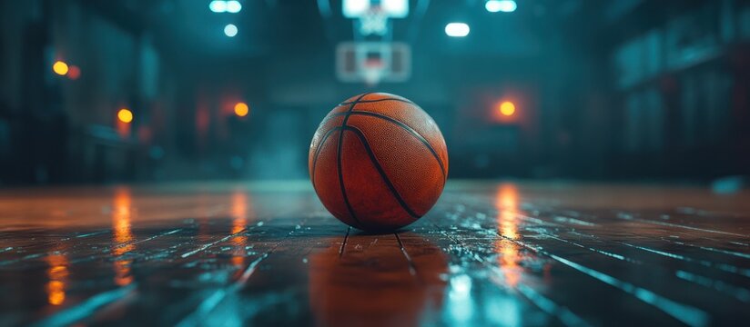 A basketball sits on a wooden court with a blurred out basketbal