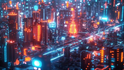 Futuristic Neon Cityscape at Night with Skyscrapers and Lights