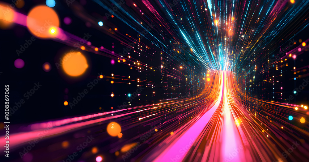 Poster electrical impulse, binary code. futuristic wave. neon streaming. data stream 3d illustration. data 