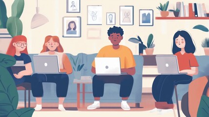 A group of students of various ages sitting at home, focused on their laptops during an online class, symbolizing the modern shift towards remote education.  