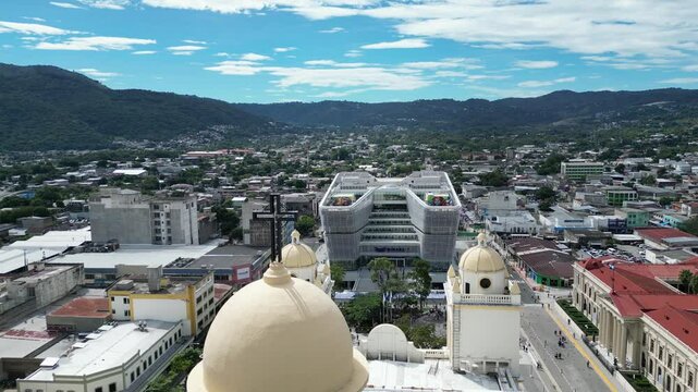 Aerial Drone View of San Salvador's City Center Featuring the National Library, El Salvador's Cultural Landmark
