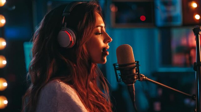 Young woman sings with passion in a cozy recording studio with warm lighting
