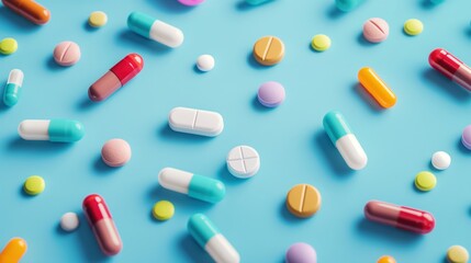 Colorful medicine tablets and antibiotic pills on soft blue background. Close-up of various colored pills, some white, resembling candy. Isolated on blue, a colorful health concept.