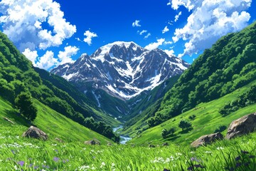 Obraz premium Breathtaking mountain valley with lush greenery and clear blue skies.