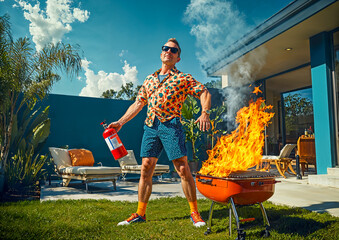 Funny Middle-Aged Man Holding a Fire Extinguisher Near a Barbecue Grill with High Flames