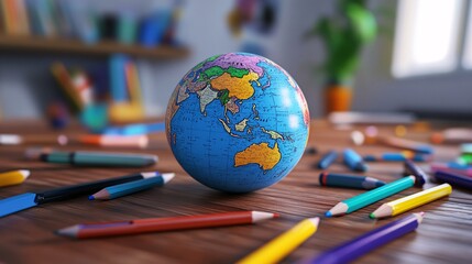 3D Globe Surrounded by Colorful Pens and Pencils on Table