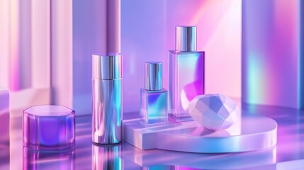 Iridescent Perfume Bottles and Geometric Shapes on a Purple Background
