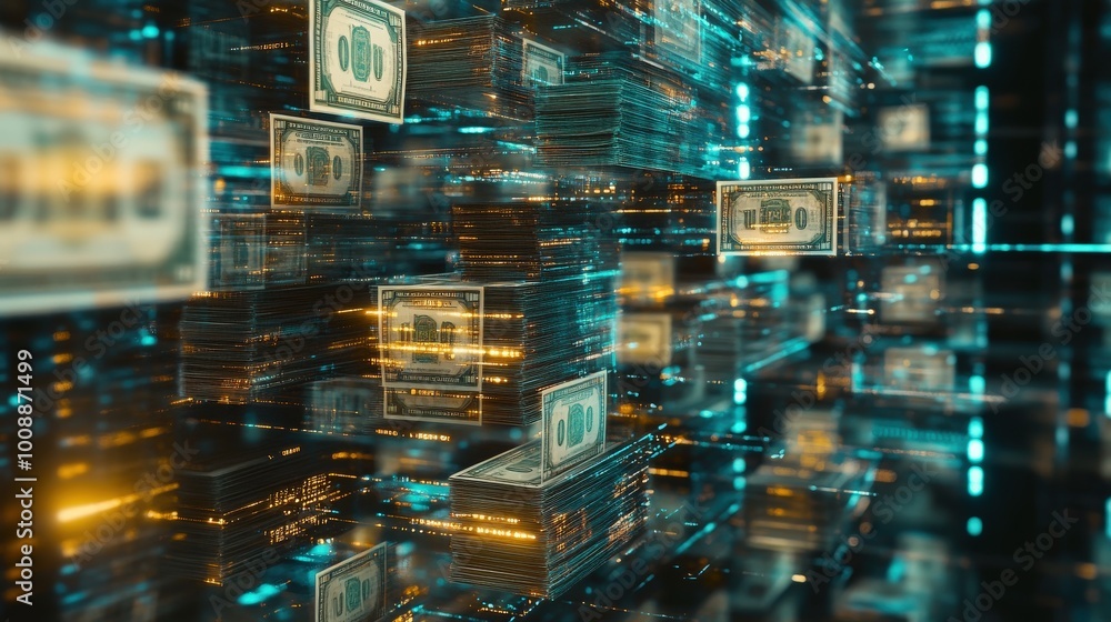 Poster stacks of cash are being digitally transferred through a high-tech environment, showcasing a vibrant