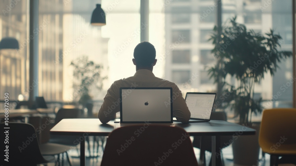 Poster Man Working on Laptop in Office Setting with Window View