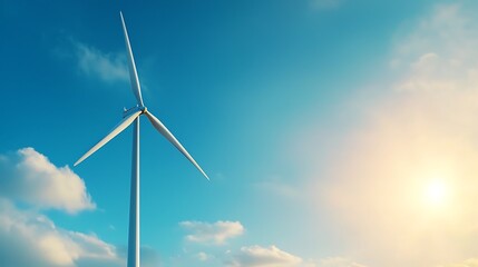 Fototapeta premium A striking wind turbine stands tall against a bright blue sky, showcasing renewable energy production. Ideal for themes of sustainability and innovation.